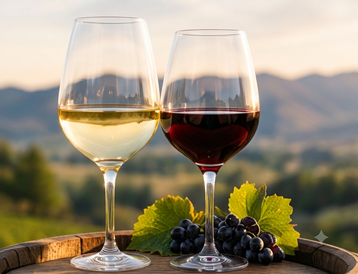 Glasses of white and red wine on a barrel overlooking the Rogue Valley