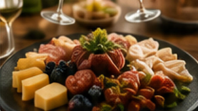 Charcuterie board with local cheeses and cured meats