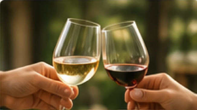 Two people toasting with glasses of white and red wine