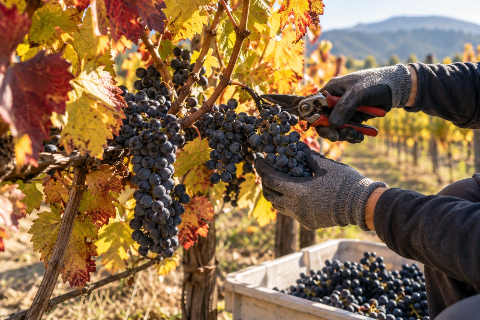 Harvest crews carefully clip ripe grape clusters at the height of the season.